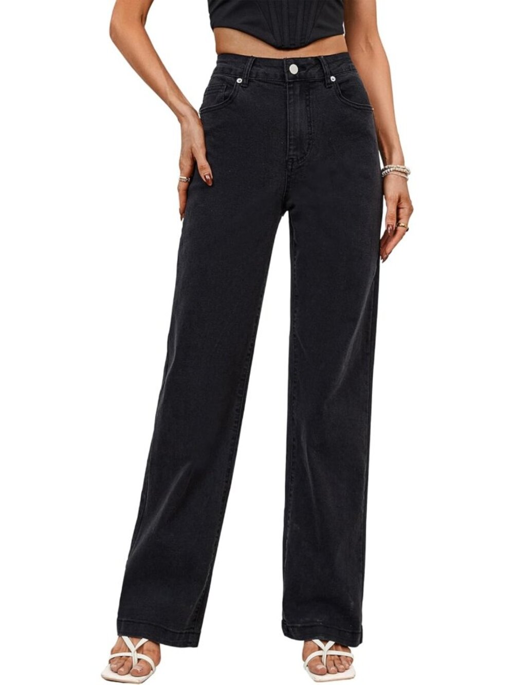 High Waisted Stretchy Straight Leg Jeans for Women | Loose Fit Denim Pants